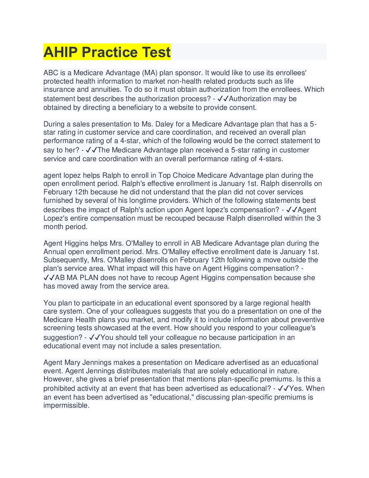 Preview image for AHIP Practice Test Questions with Complete Solutions